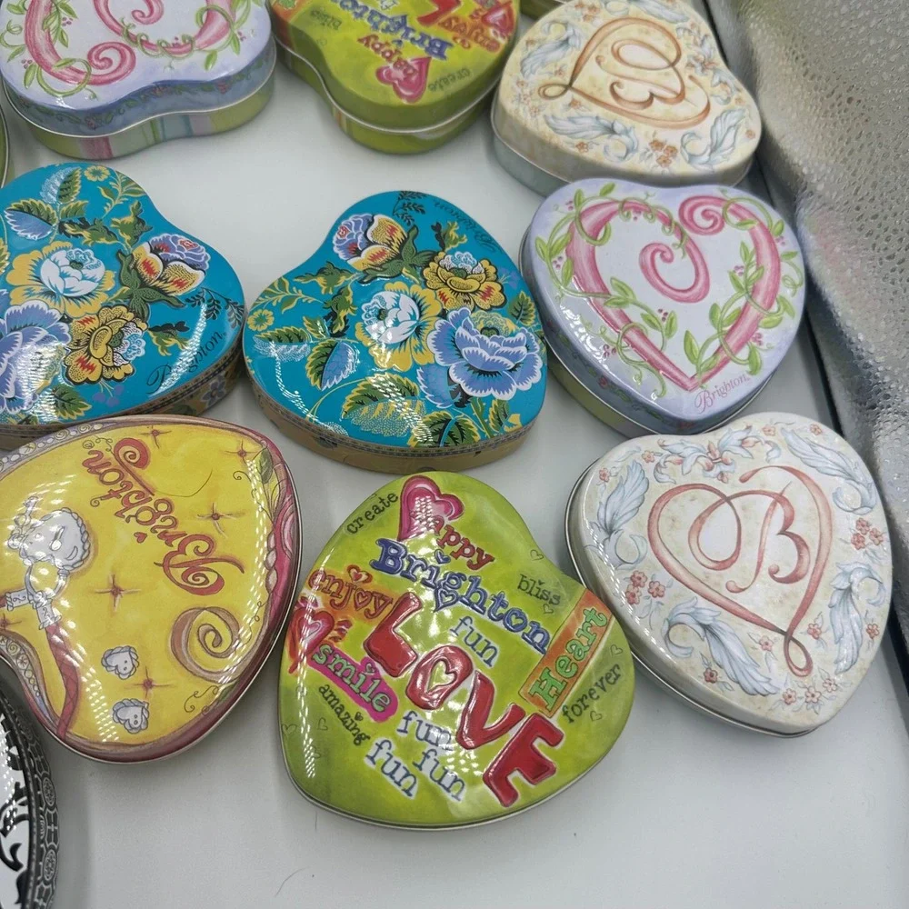 Brighton Heart Shaped Collectible Tins Lot of 30 Mixed Designs Floral Scroll Art